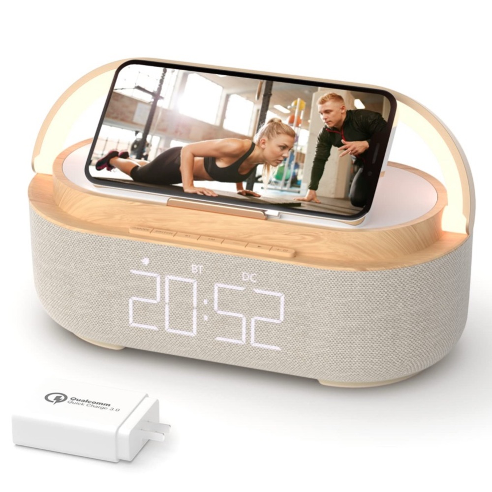 Bluetooth LED Speaker Alarm Clock with Light and wireless charger new in box